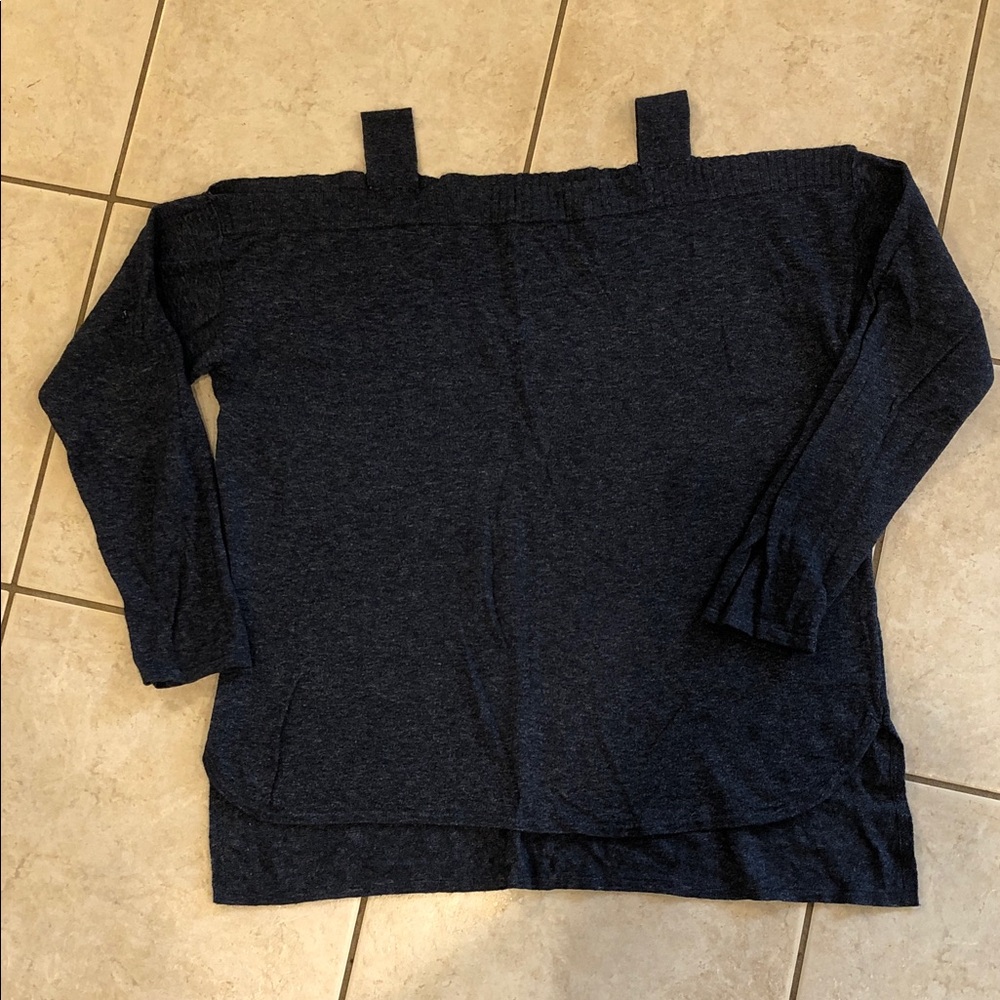 Neely size large, navy blue heather cotton sweater, with open shoulders